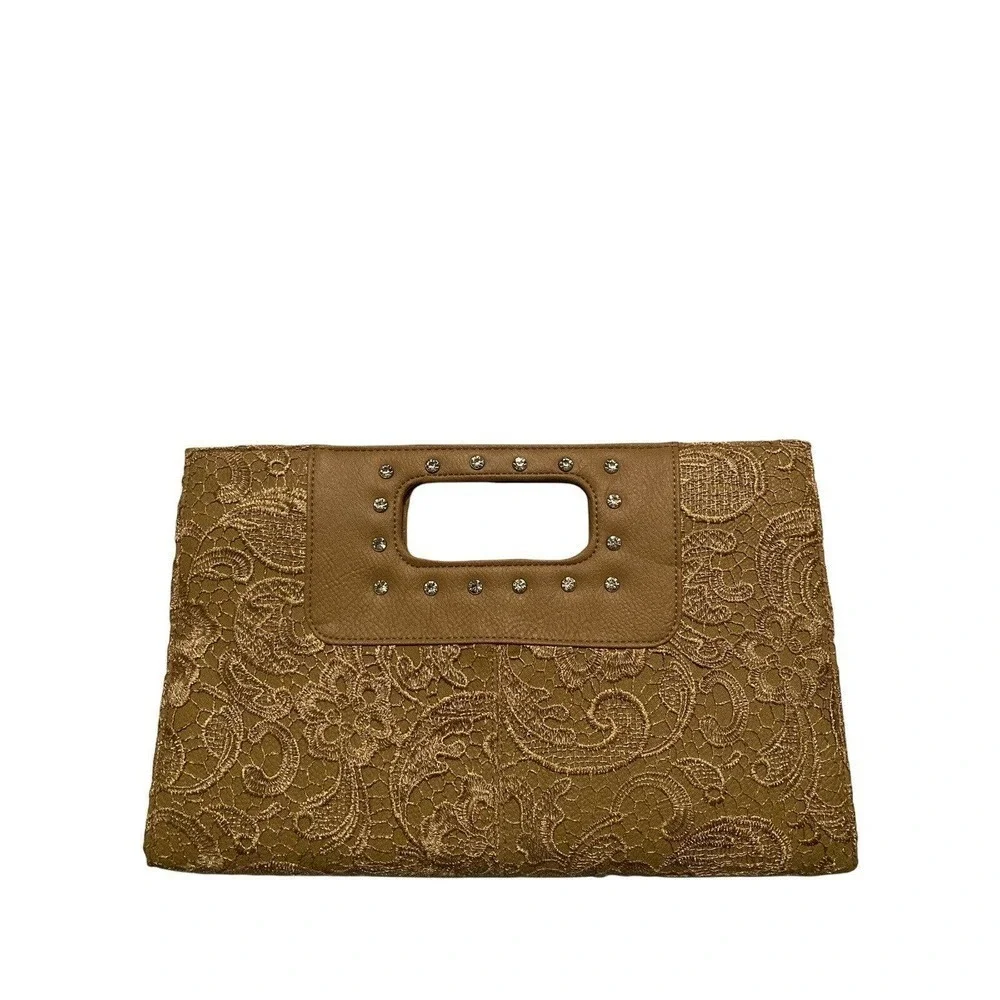 Gold & Tan Lace Wrapped Clutch Purse With Rhinestone Embellishments Evening Bag‎